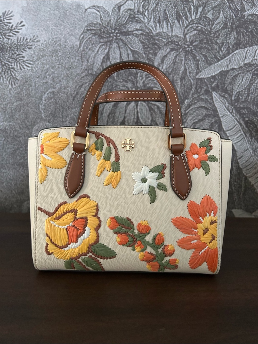 Tory Burch Cream Leather Satchel with Orange, Yellow & Brown Accents
